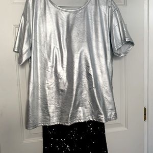 Sequin Black Flare Pants-(M)worn 2 hours! Silver Lame' Top (L). Gray Jacket